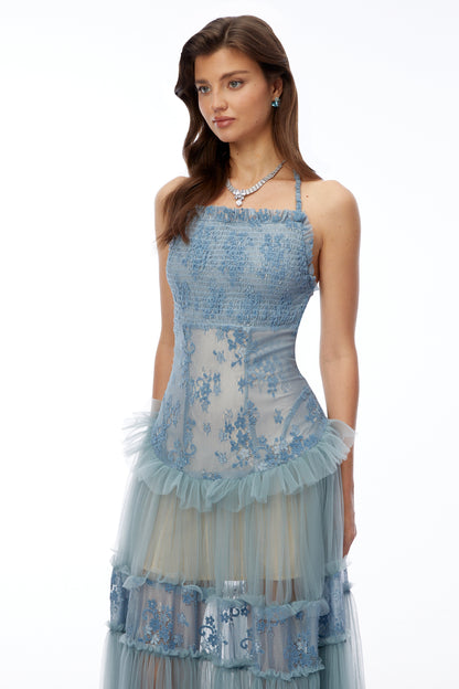 Francine Dusty Blue Floral Lace Tiered Maxi Dress