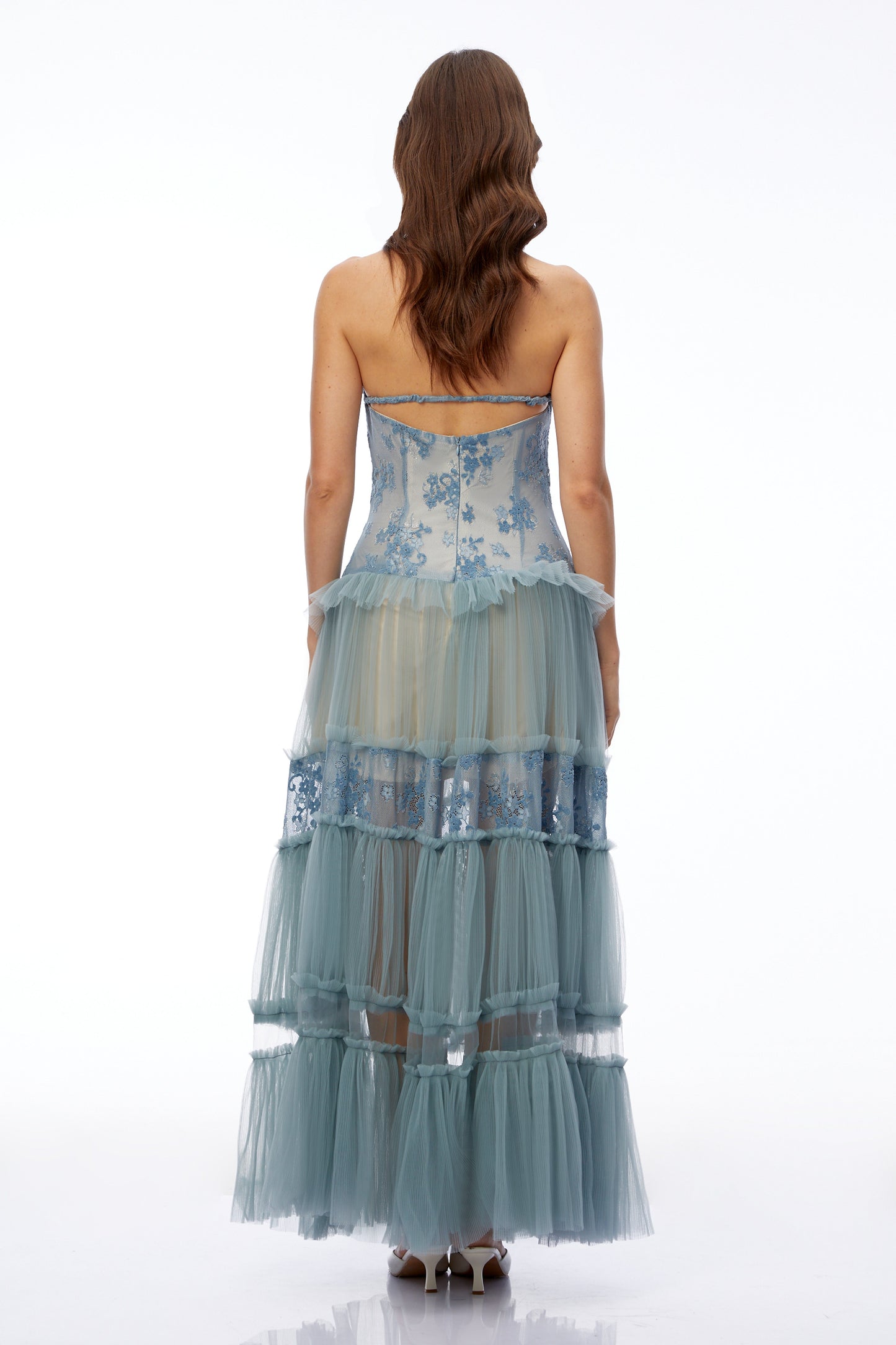 Francine Dusty Blue Floral Lace Tiered Maxi Dress