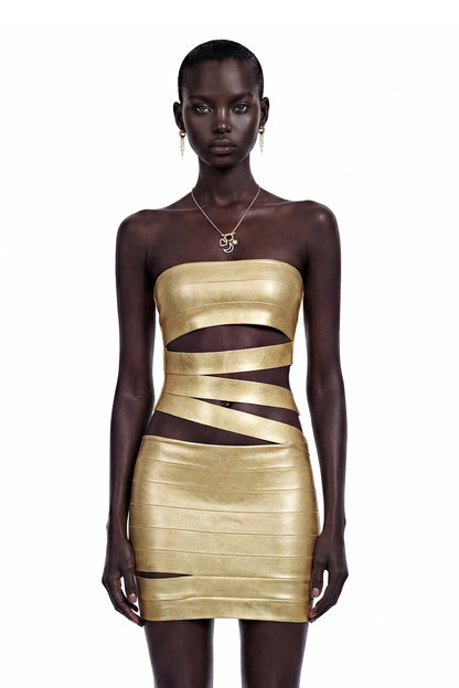 Francine Gold Düşük Omuzlu Mini Elbise