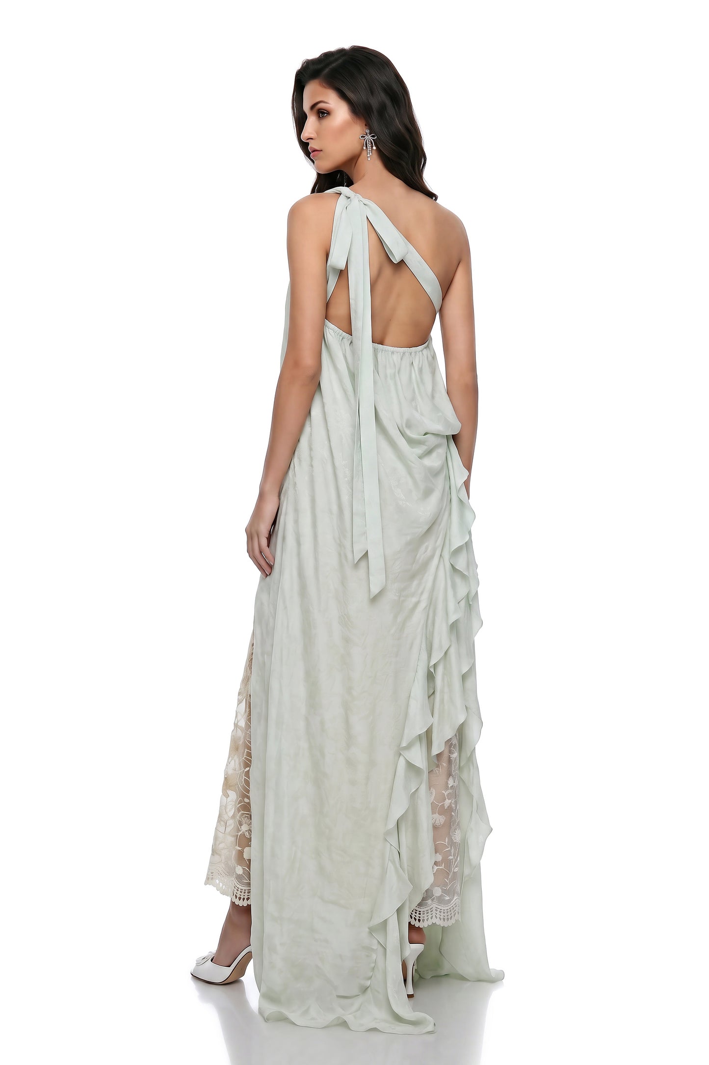 Frusina Green Ruffled Maxi Dress with Lace Panels