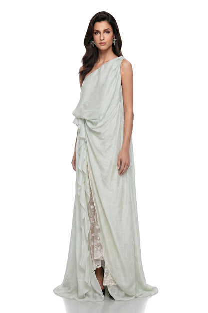 Frusina Green Ruffled Maxi Dress with Lace Panels