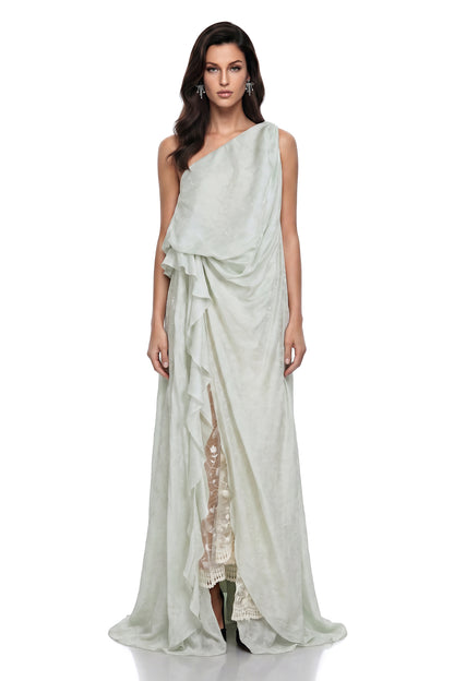 Frusina Green Ruffled Maxi Dress with Lace Panels
