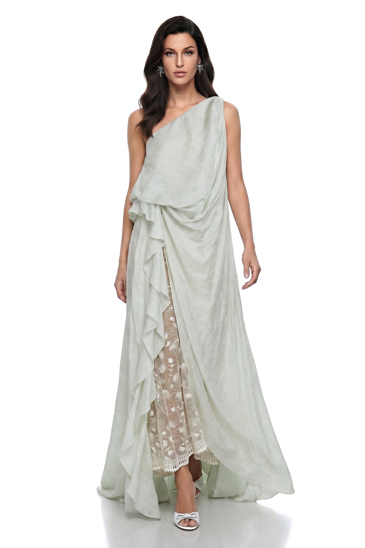 Frusina Green Ruffled Maxi Dress with Lace Panels