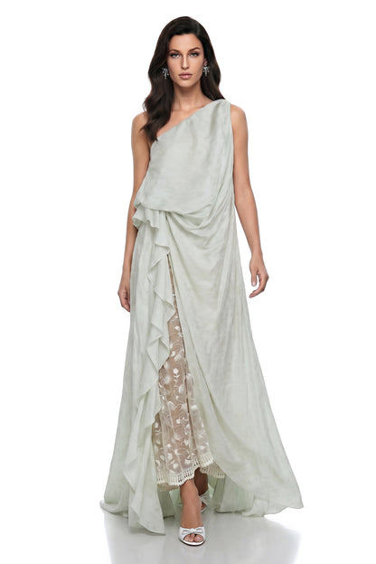 Frusina Green Ruffled Maxi Dress with Lace Panels