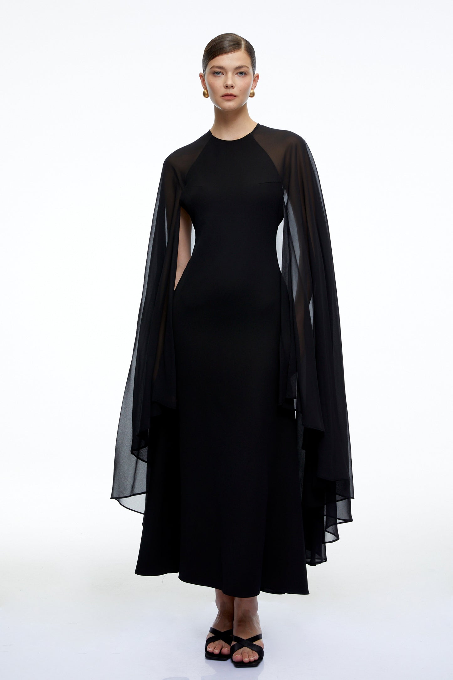 Gabriela Black Solid Color Maxi Dress with Cape