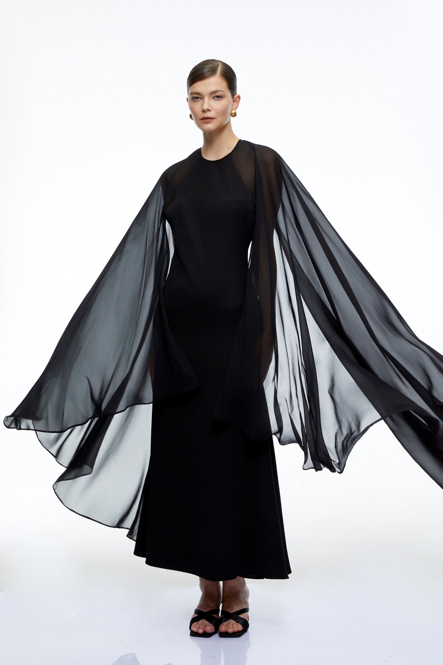 Gabriela Black Solid Color Maxi Dress with Cape
