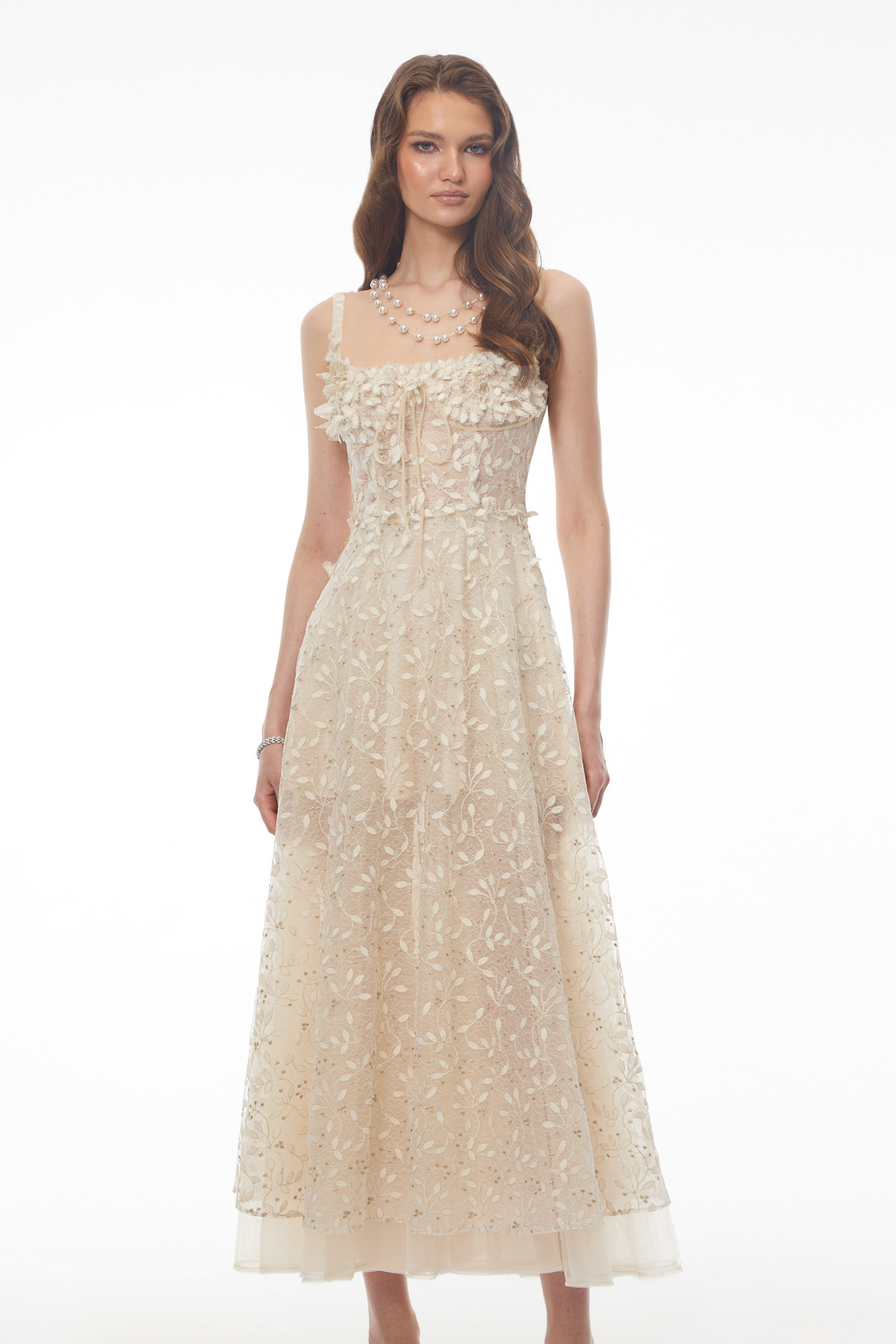 Gabriella Champagne Tulle Maxi Dress with 3D Petals