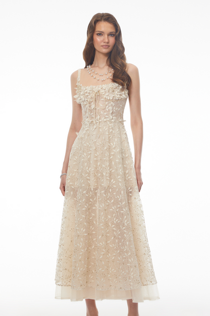 Gabriella Champagne Tulle Maxi Dress with 3D Petals