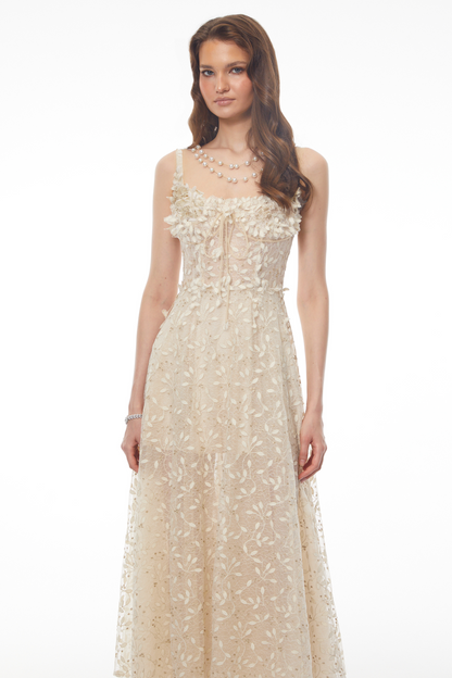 Gabriella Champagne Tulle Maxi Dress with 3D Petals