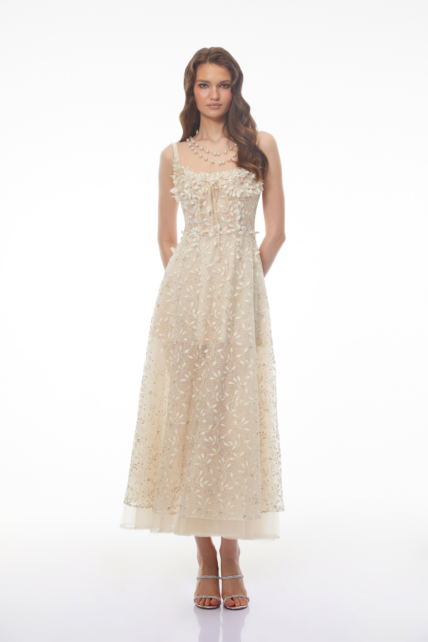 Gabriella Champagne Tulle Maxi Dress with 3D Petals