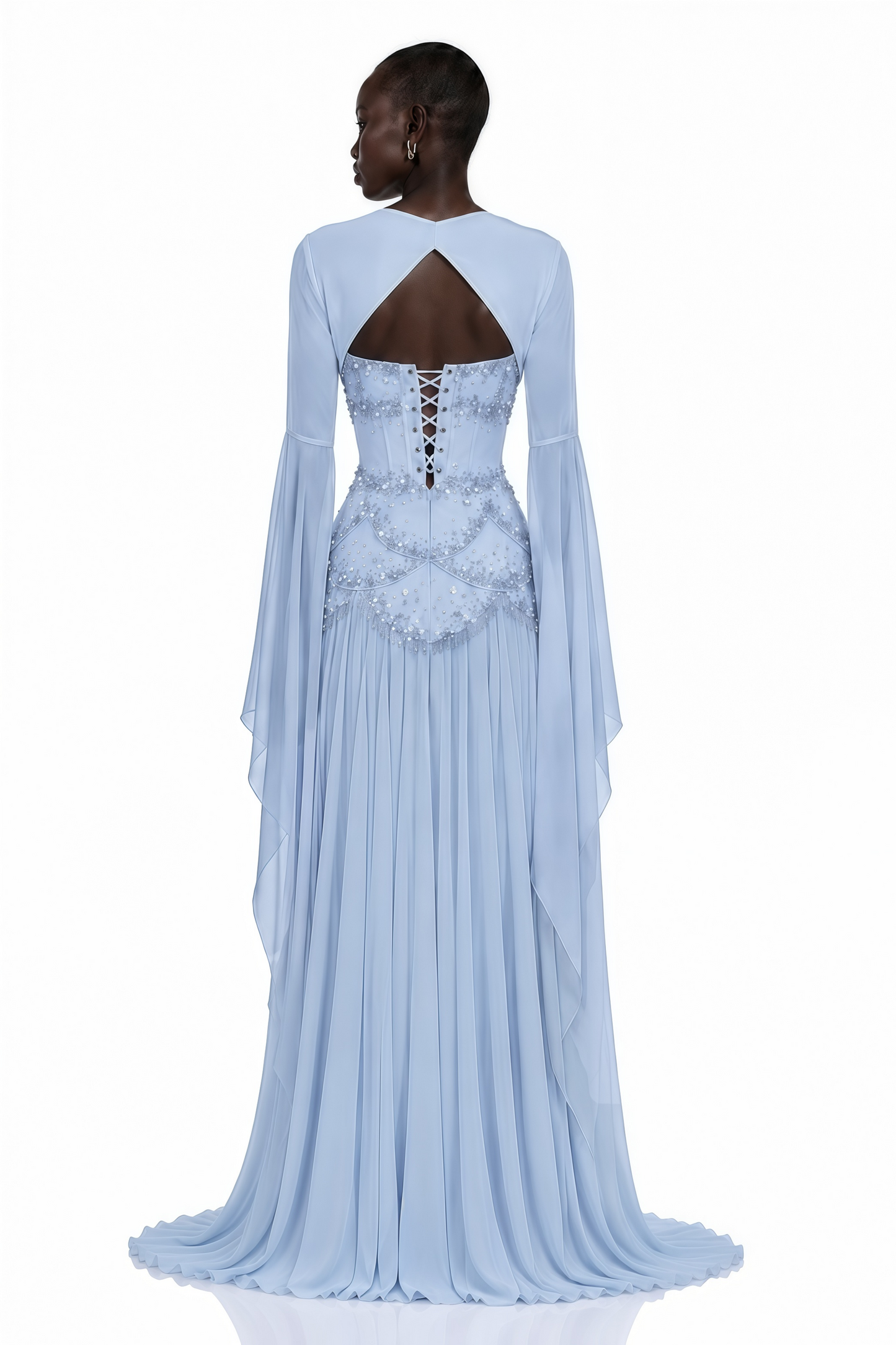 Gaëlle Faux-pearl-embellished Pleated Maxi Dress in Light-blue