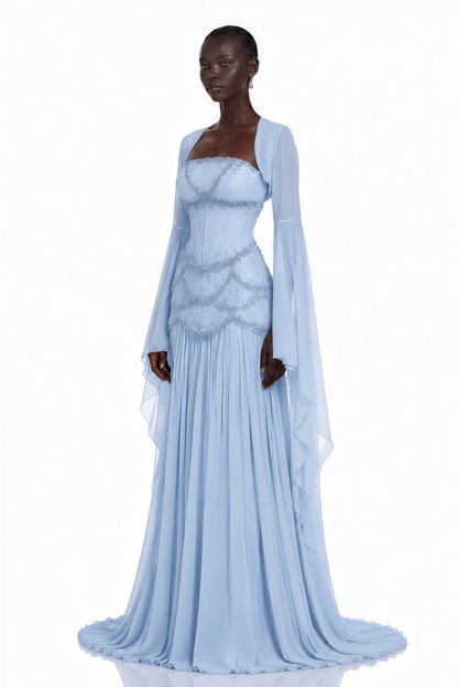 Gaëlle Faux-pearl-embellished Pleated Maxi Dress in Light-blue