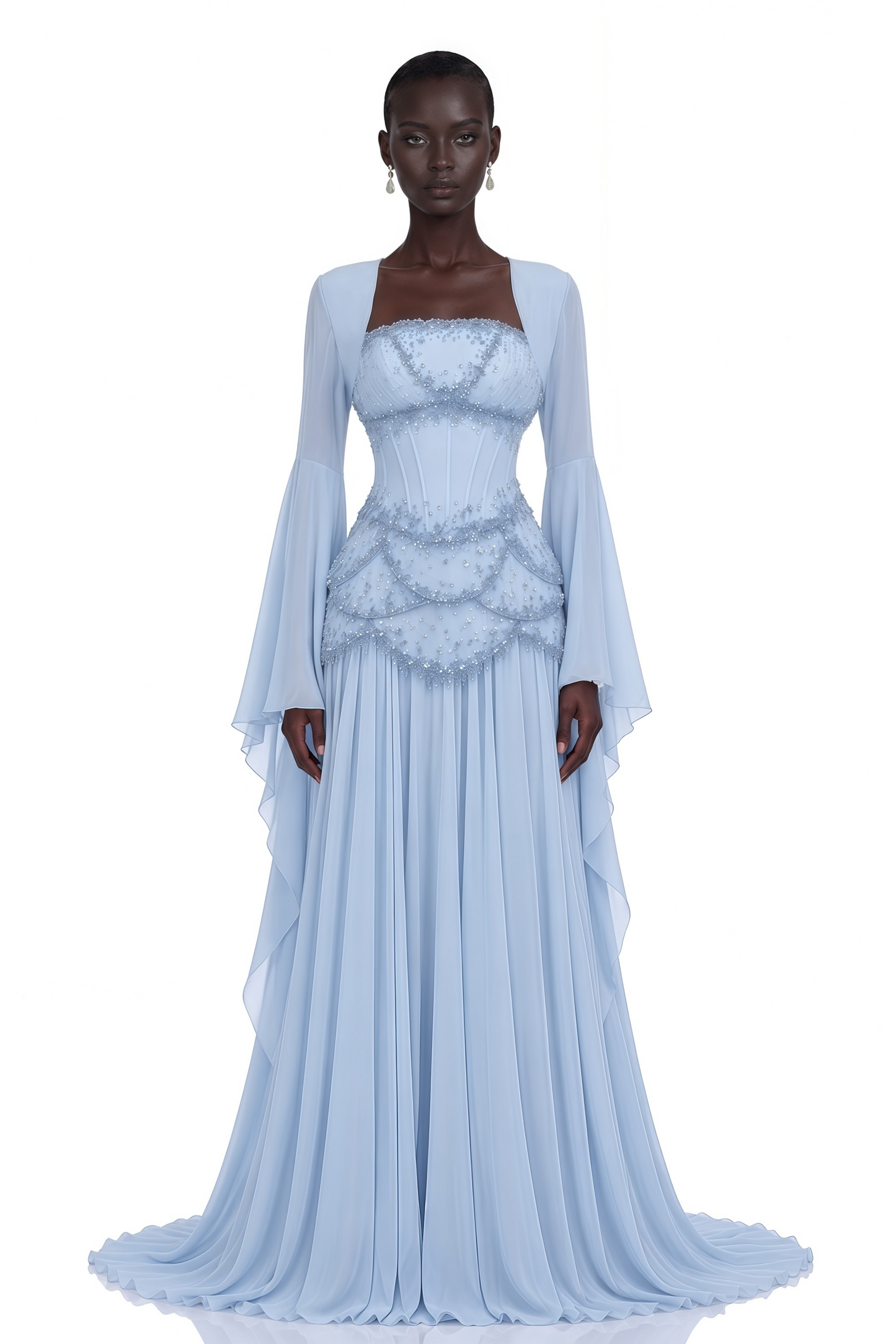 Gaëlle Faux-pearl-embellished Pleated Maxi Dress in Light-blue