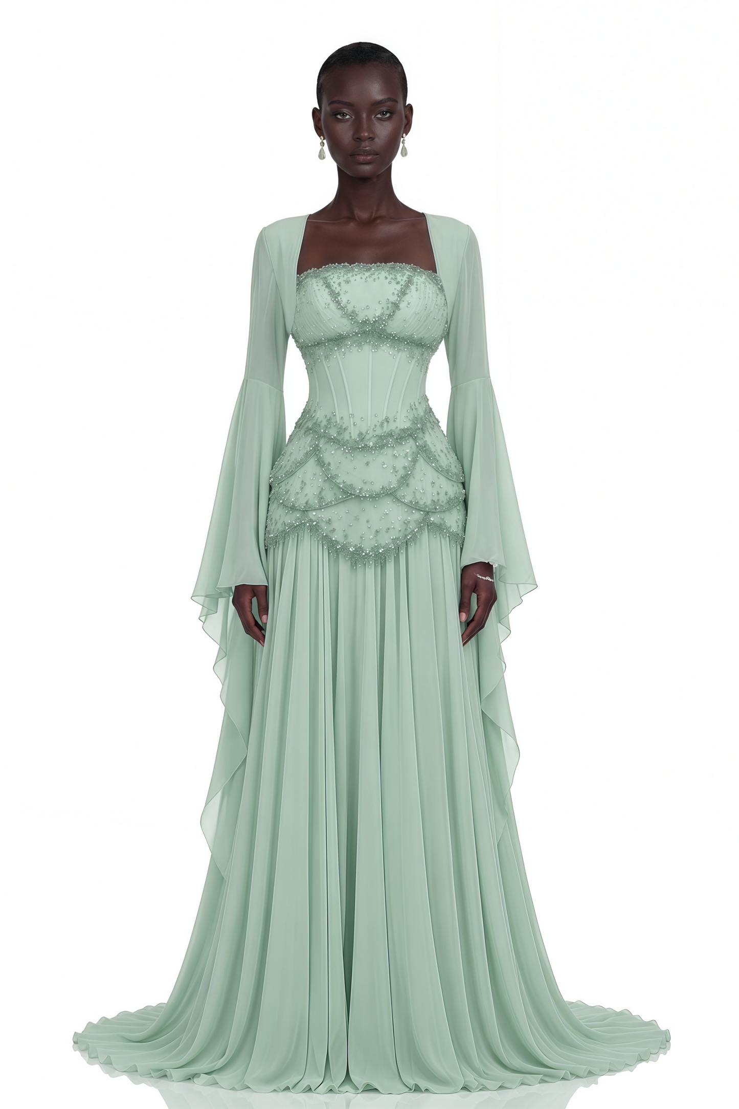 Gaëlle Green Faux-pearl-embellished Pleated Maxi Dress