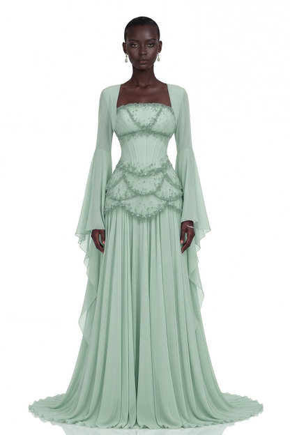 Gaëlle Green Faux-pearl-embellished Pleated Maxi Dress