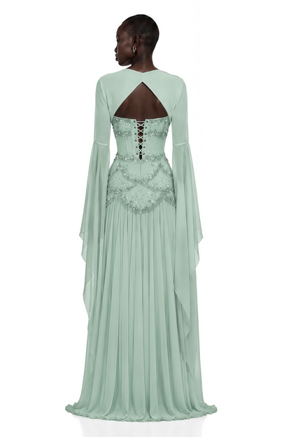 Gaëlle Green Faux-pearl-embellished Pleated Maxi Dress