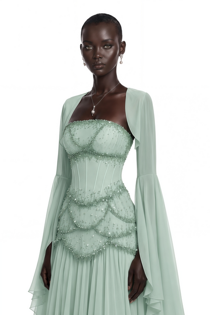 Gaëlle Green Faux-pearl-embellished Pleated Maxi Dress