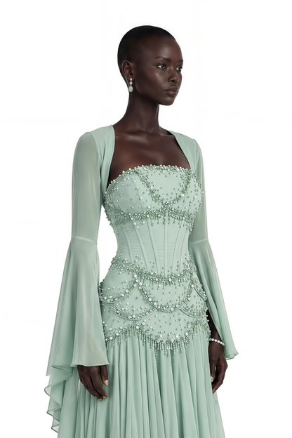Gaëlle Green Faux-pearl-embellished Pleated Maxi Dress