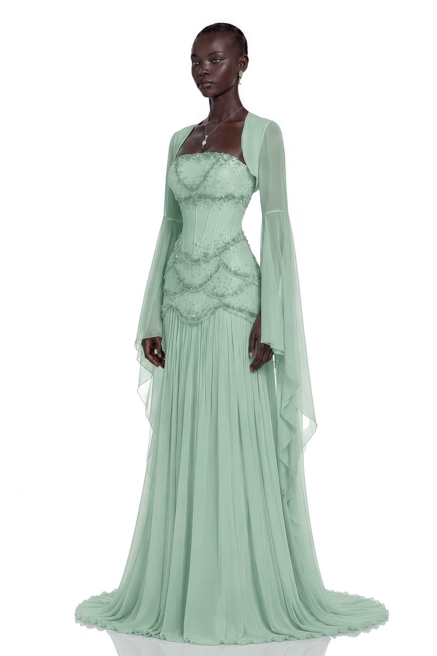 Gaëlle Green Faux-pearl-embellished Pleated Maxi Dress