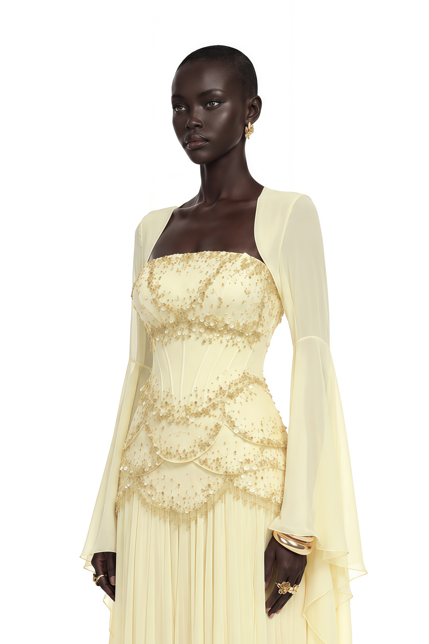 Gaëlle Yellow Faux-pearl-embellished Pleated Maxi Dress