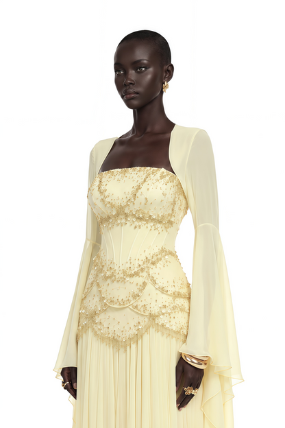 Gaëlle Yellow Faux-pearl-embellished Pleated Maxi Dress