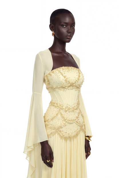 Gaëlle Yellow Faux-pearl-embellished Pleated Maxi Dress