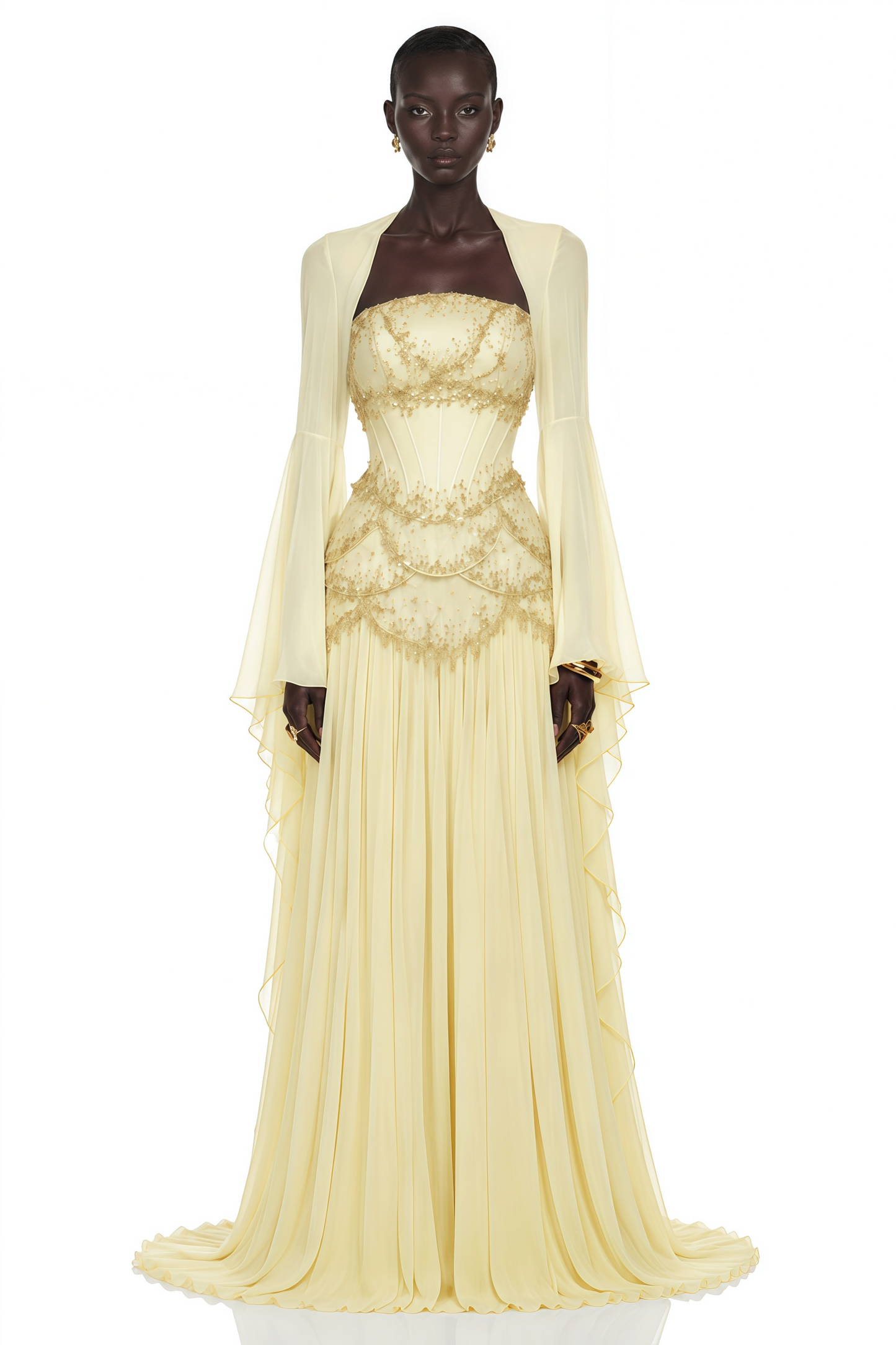 Gaëlle Yellow Faux-pearl-embellished Pleated Maxi Dress