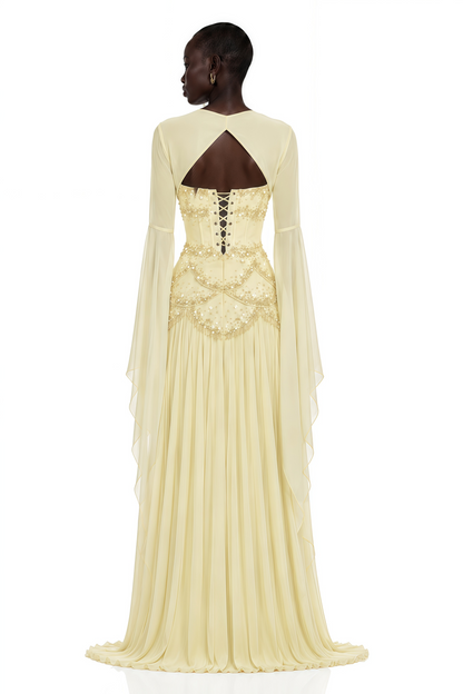 Gaëlle Yellow Faux-pearl-embellished Pleated Maxi Dress