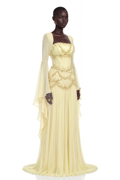 Gaëlle Yellow Faux-pearl-embellished Pleated Maxi Dress