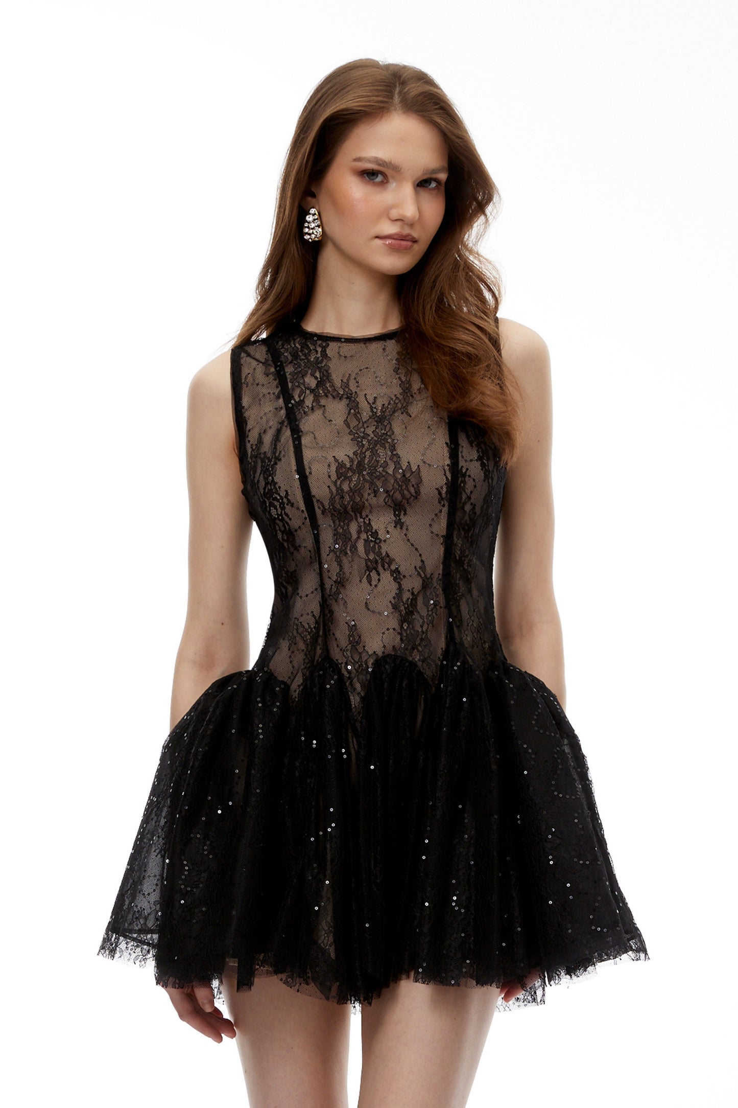 Gaetana Black Sequin Lace Mini Dress