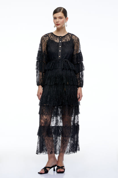 Galatea Black Tiered Lace Long Sleeves Maxi Dress