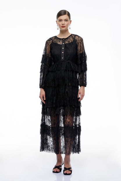Galatea Black Tiered Lace Long Sleeves Maxi Dress