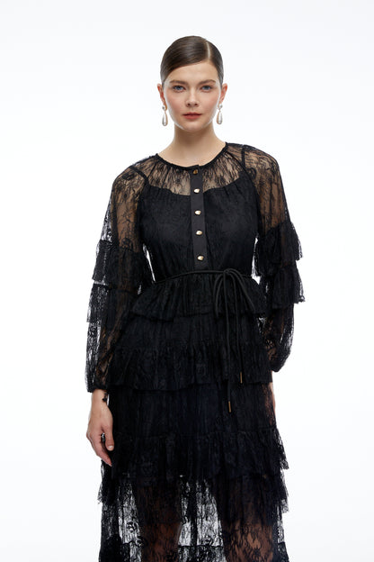 Galatea Black Tiered Lace Long Sleeves Maxi Dress