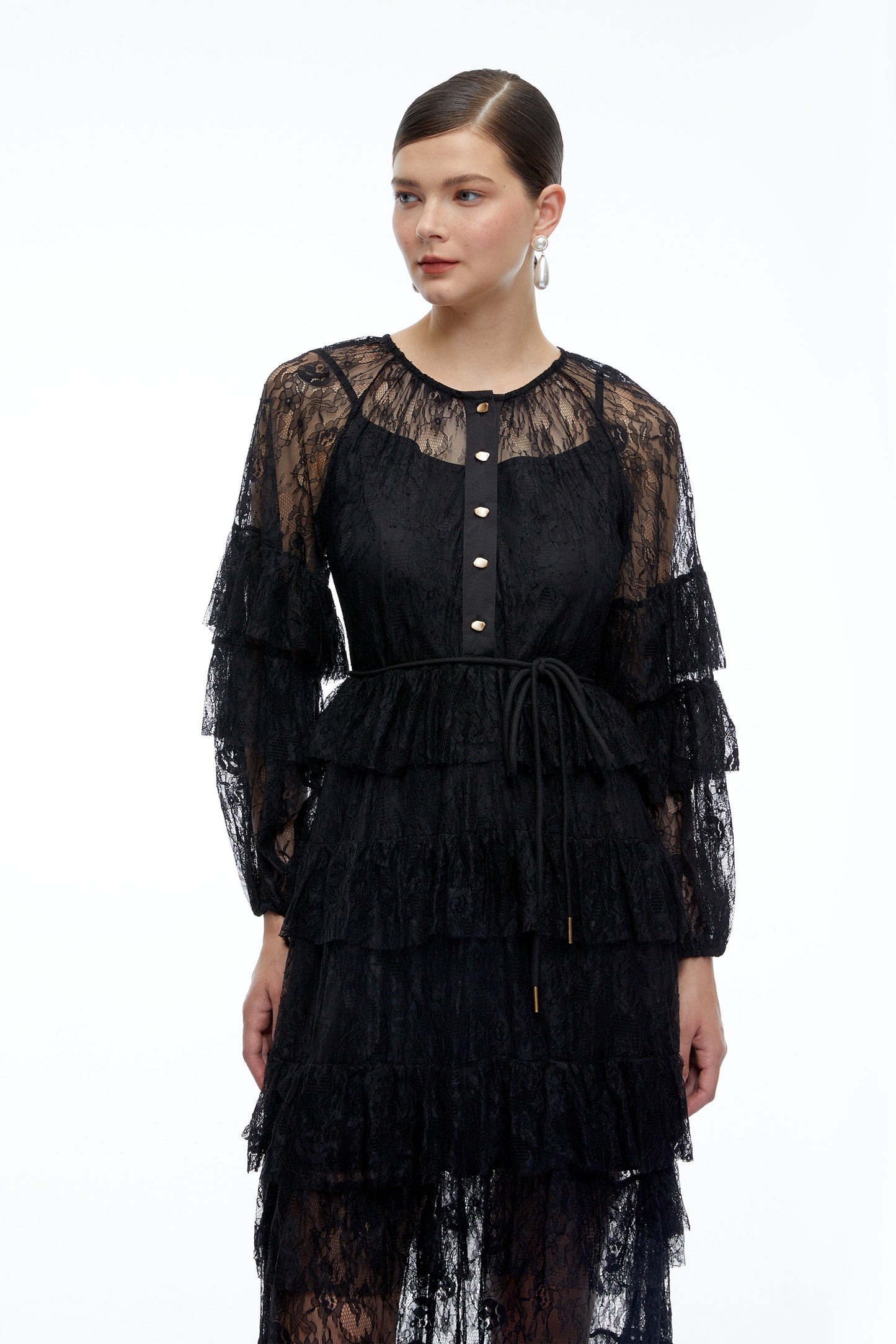 Galatea Black Tiered Lace Long Sleeves Maxi Dress