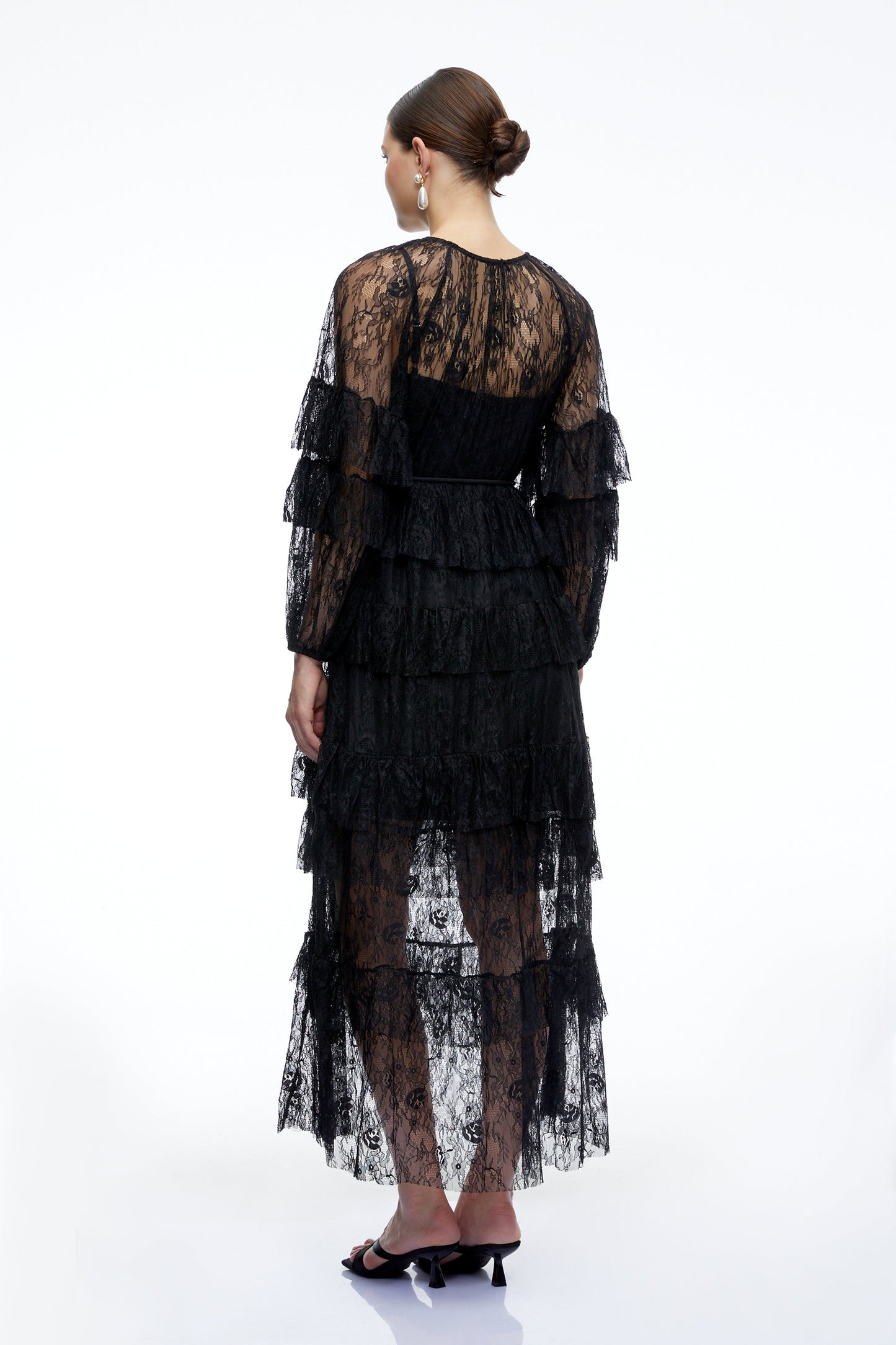 Galatea Black Tiered Lace Long Sleeves Maxi Dress