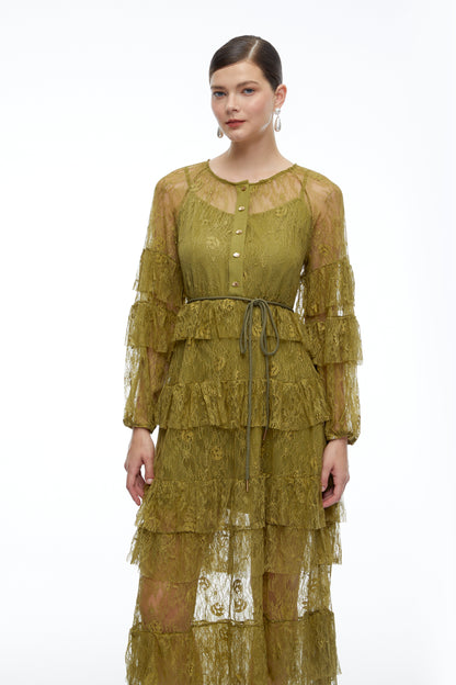 Galatea Green Tiered Lace Long Sleeves Maxi Dress