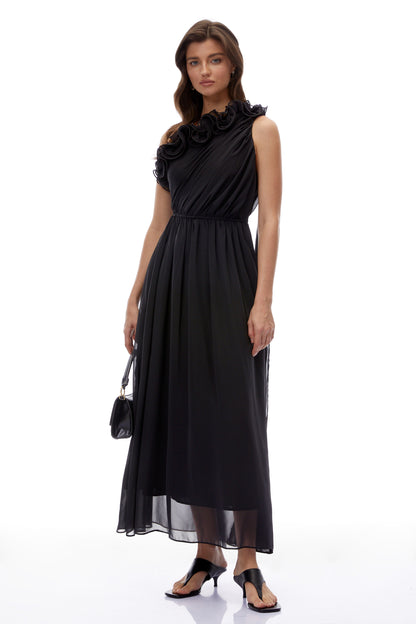 Garance Black One Shoulder Ruched Maxi Dress