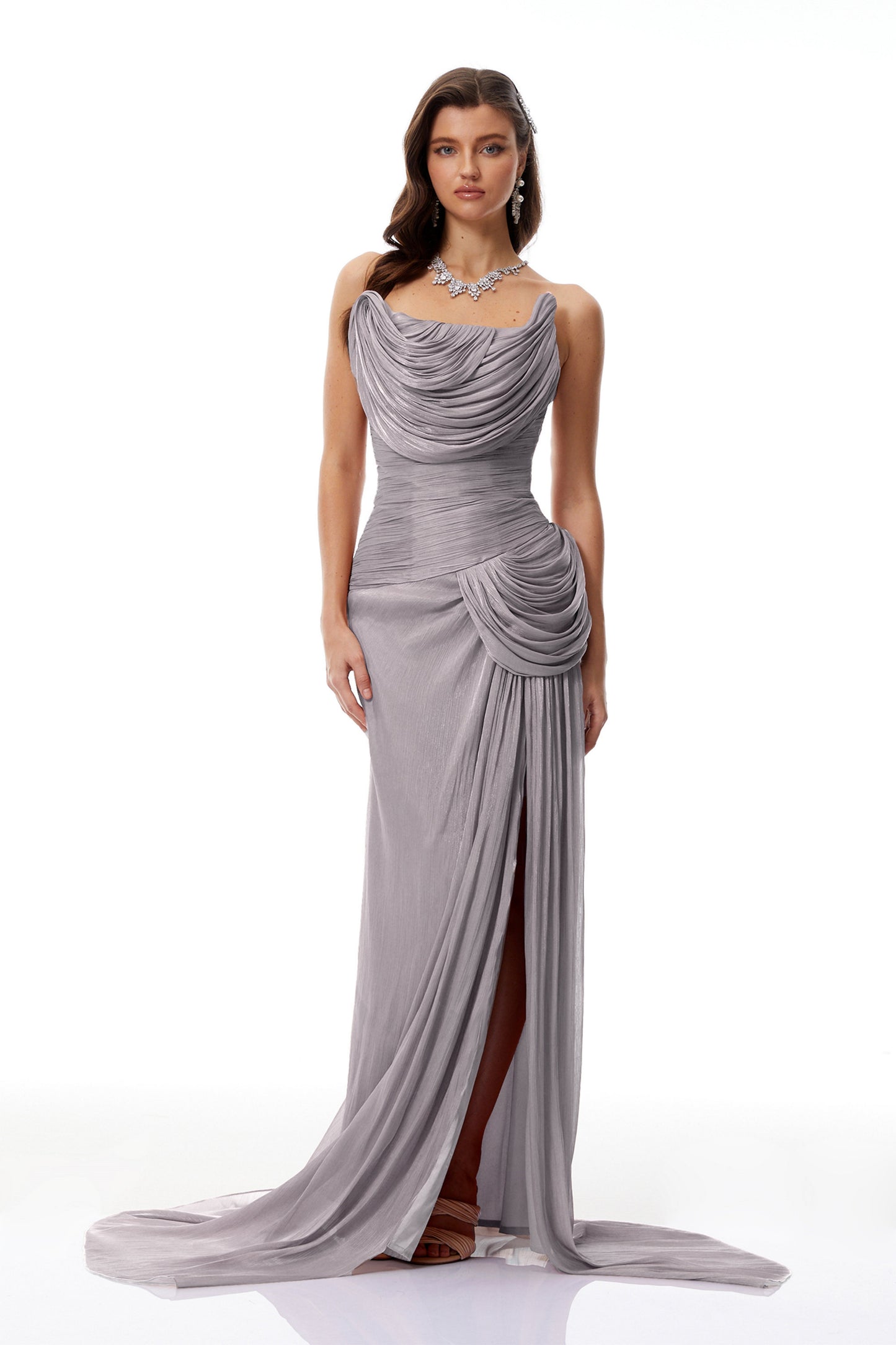 Gelsomina Grey Asymmetrical Glossy Gathered Maxi Dress