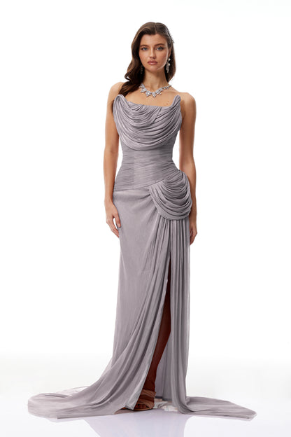 Gelsomina Grey Asymmetrical Glossy Gathered Maxi Dress