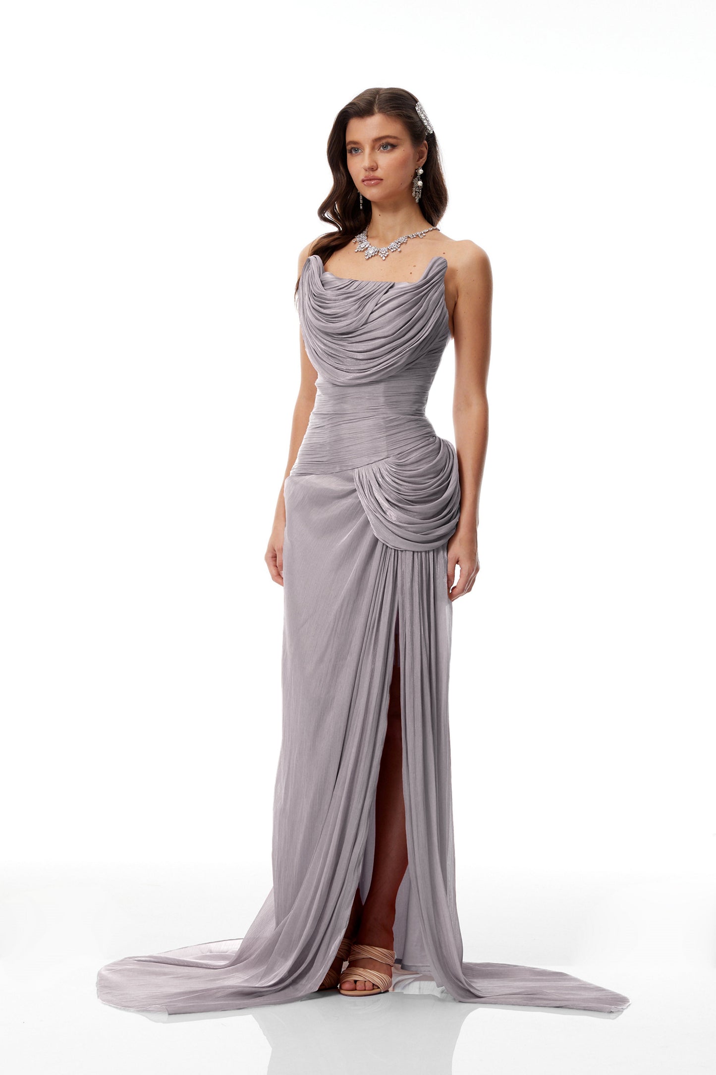 Gelsomina Grey Asymmetrical Glossy Gathered Maxi Dress