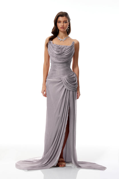 Gelsomina Grey Asymmetrical Glossy Gathered Maxi Dress
