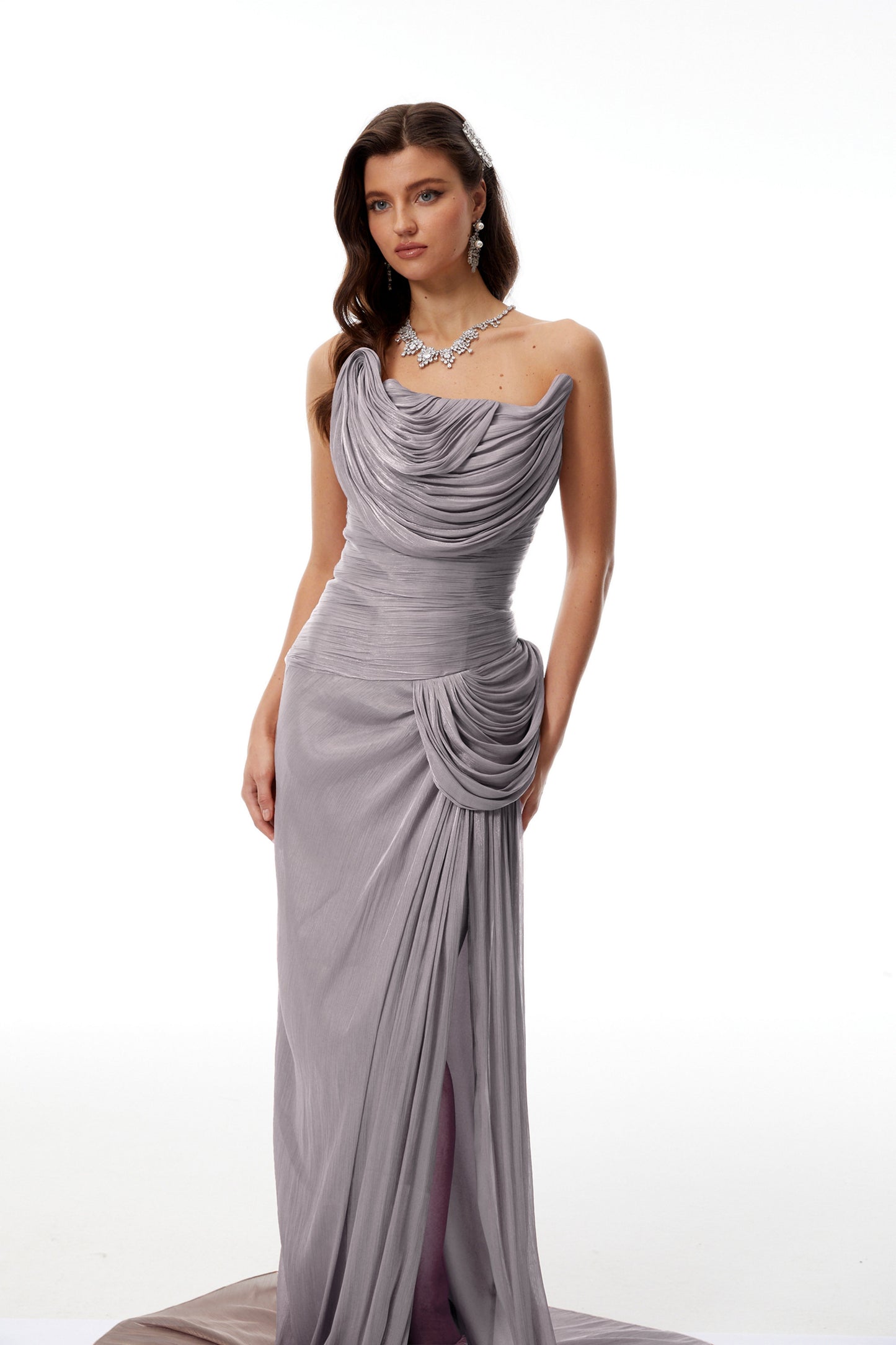 Gelsomina Grey Asymmetrical Glossy Gathered Maxi Dress