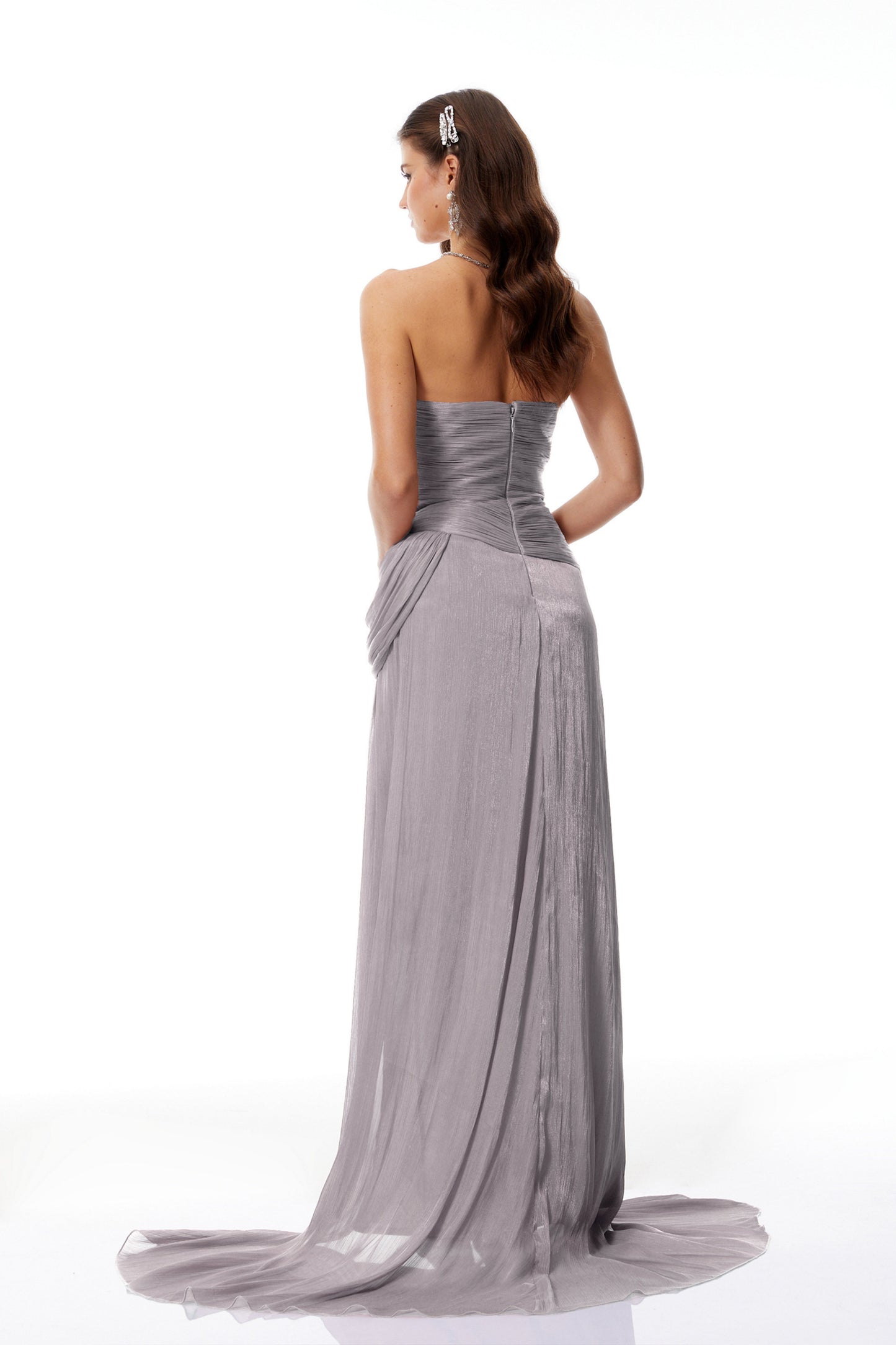 Gelsomina Grey Asymmetrical Glossy Gathered Maxi Dress