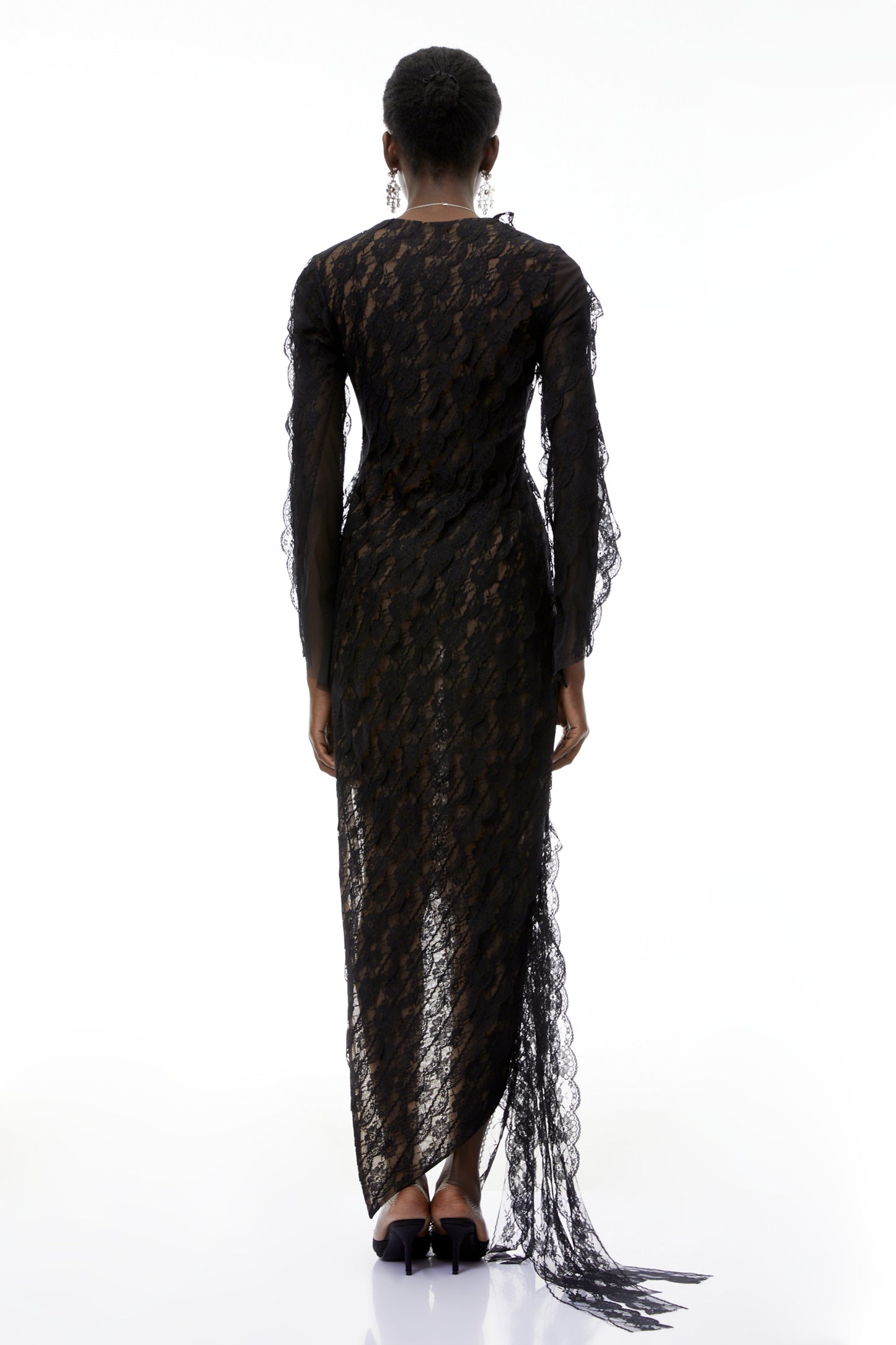 Gemma Black Floral Lace Asymmetrical Maxi Dress