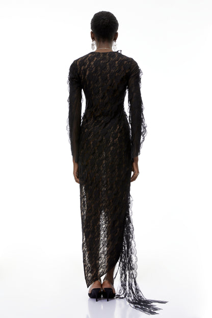 Gemma Black Floral Lace Asymmetrical Maxi Dress