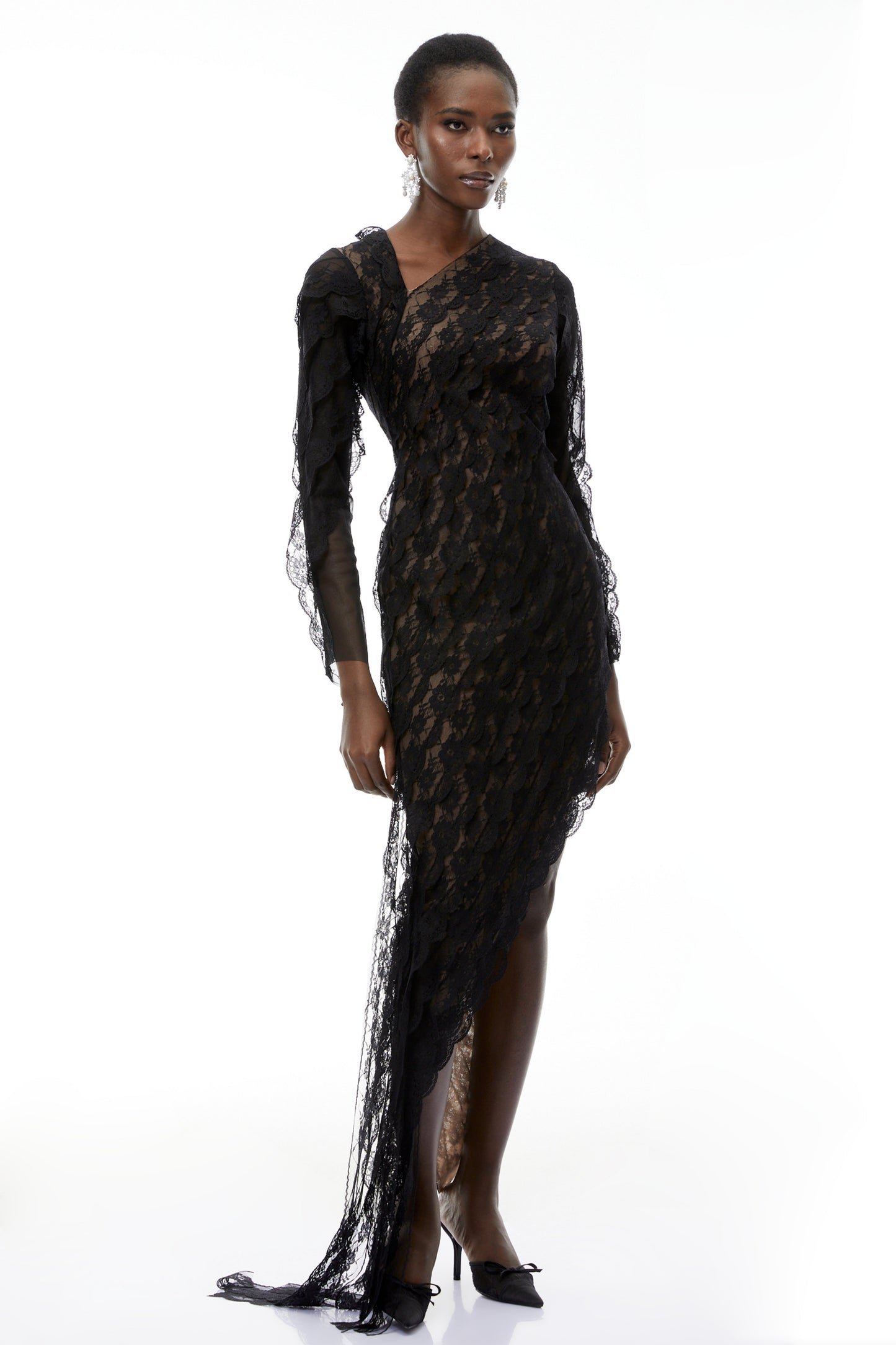 Gemma Black Floral Lace Asymmetrical Maxi Dress