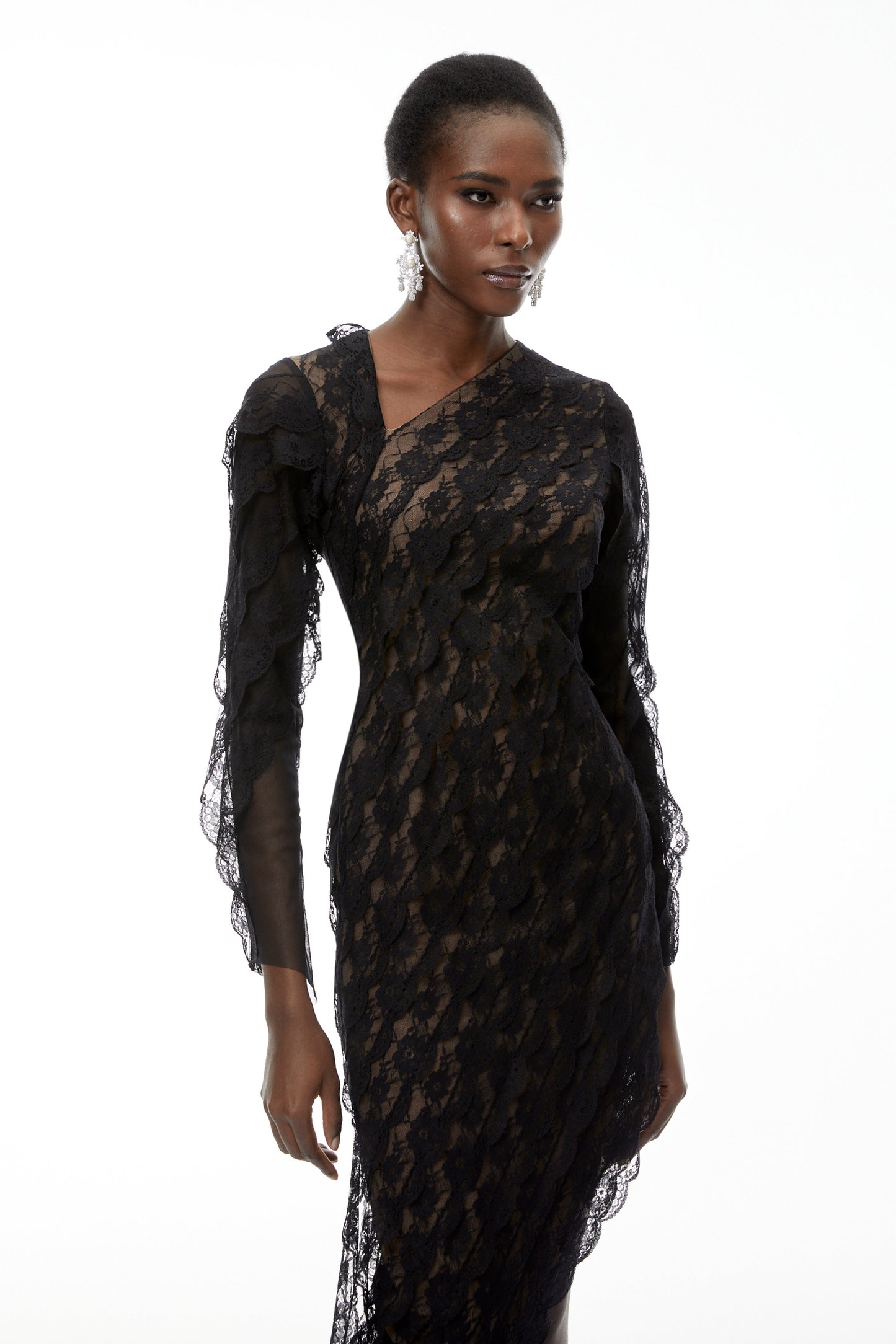 Gemma Black Floral Lace Asymmetrical Maxi Dress