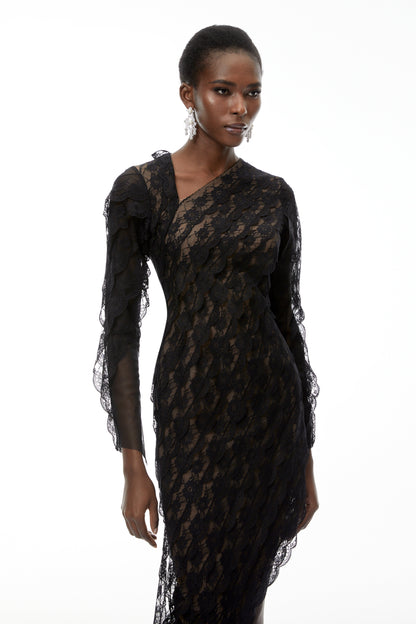 Gemma Black Floral Lace Asymmetrical Maxi Dress