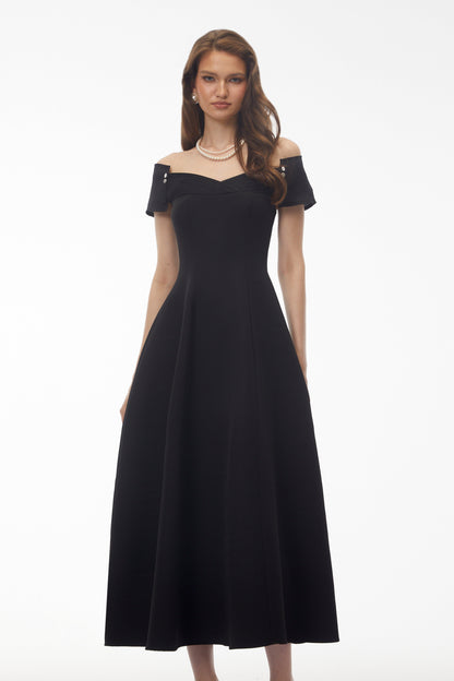 Genevieve Black Off Shoulder Fitted Midi Dress