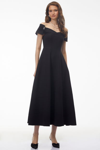 Genevieve Black Off Shoulder Fitted Midi Dress